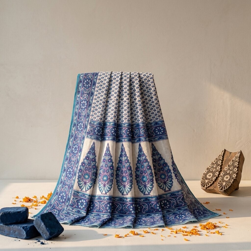 Sanskriti Vintage Blue Pure Silk Saree Floral Hand Block Print Sari 5Yard Fabric