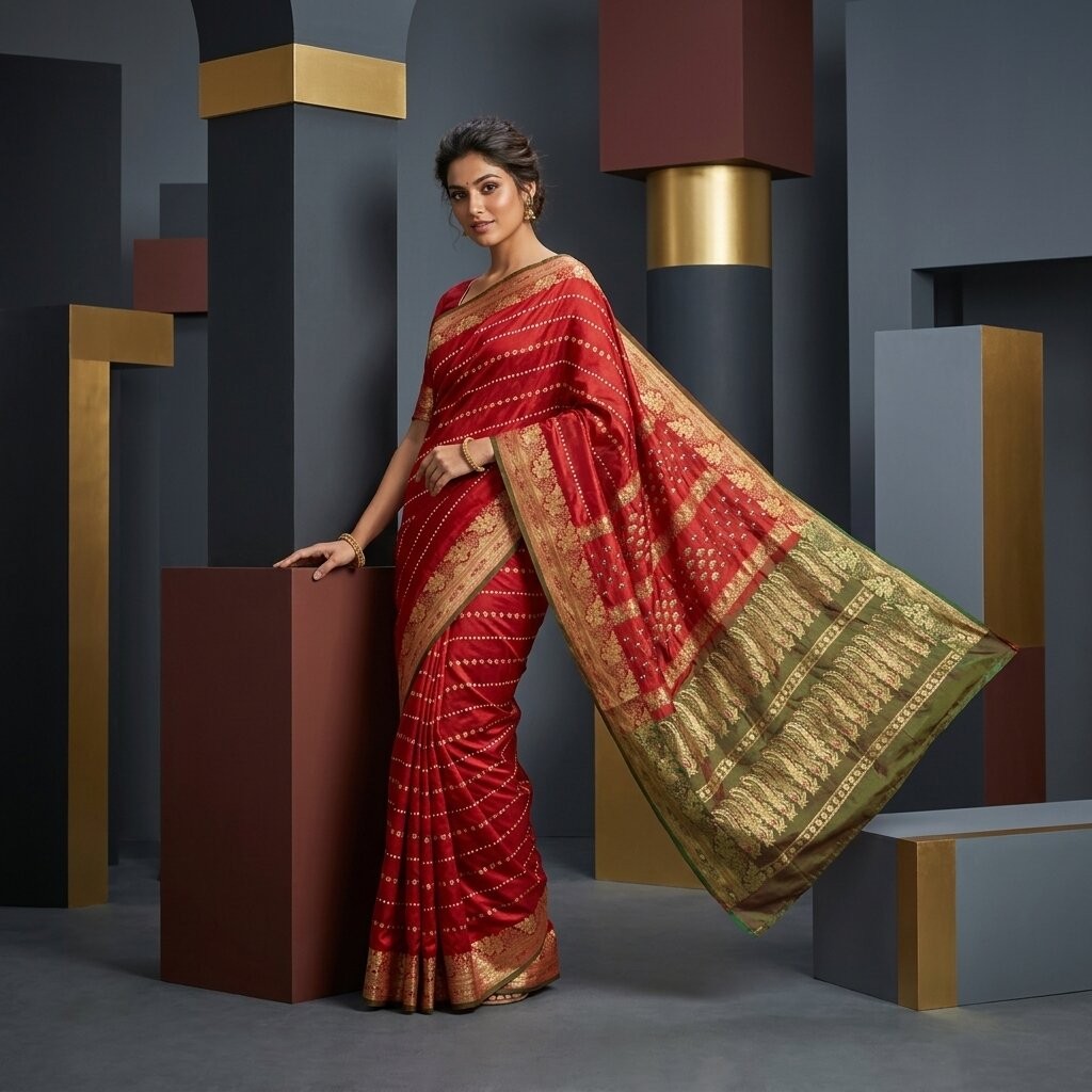 Sanskriti Vintage Red Blend Silk Zari Handwoven Saree Banarasi Brocade Craftsari