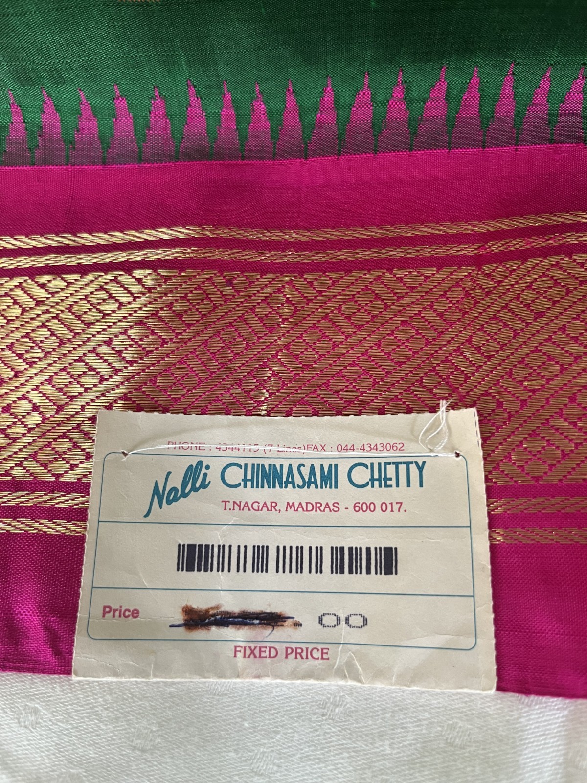 Chinnasami Chetty Silk Sari Green and Pink w/ Gold Accents 5.5 Meters NOS