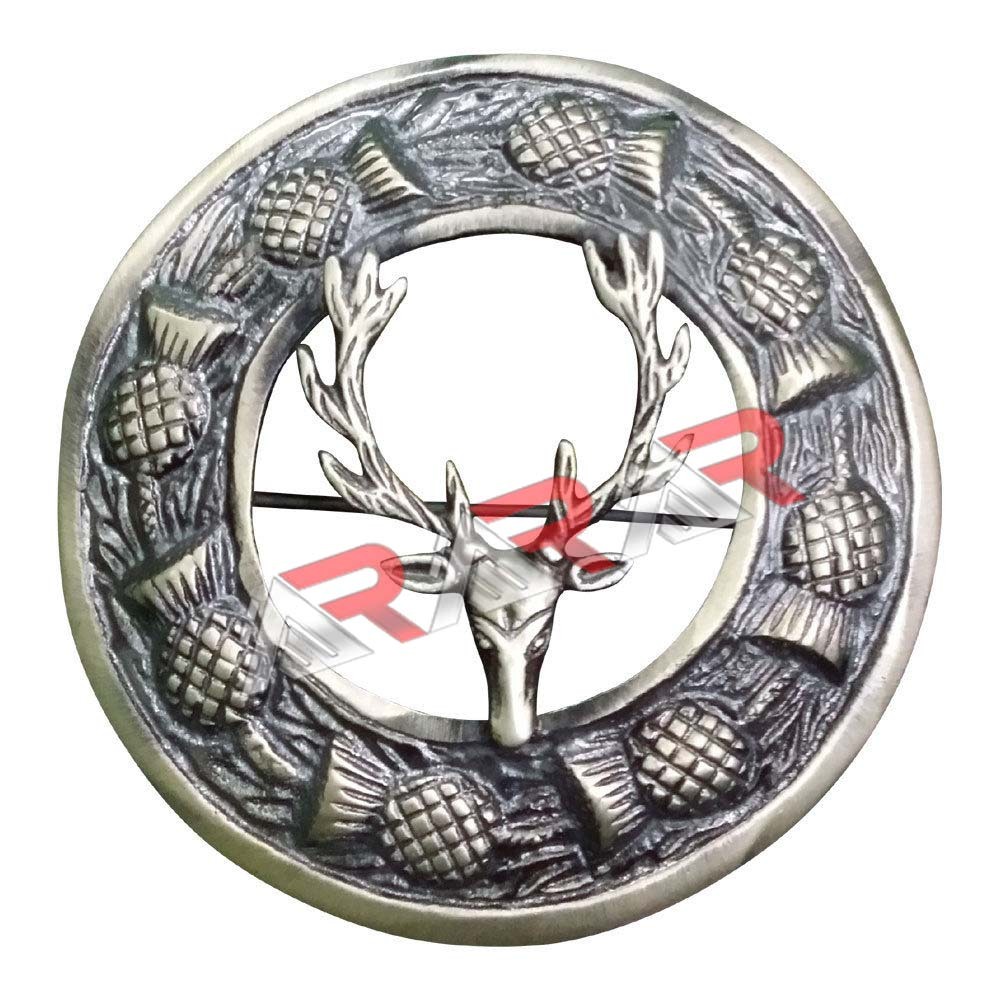 AAR Stag Head Design Kilt Fly Plaid Brooch High Quality Antique Finish 3″ (7cm)