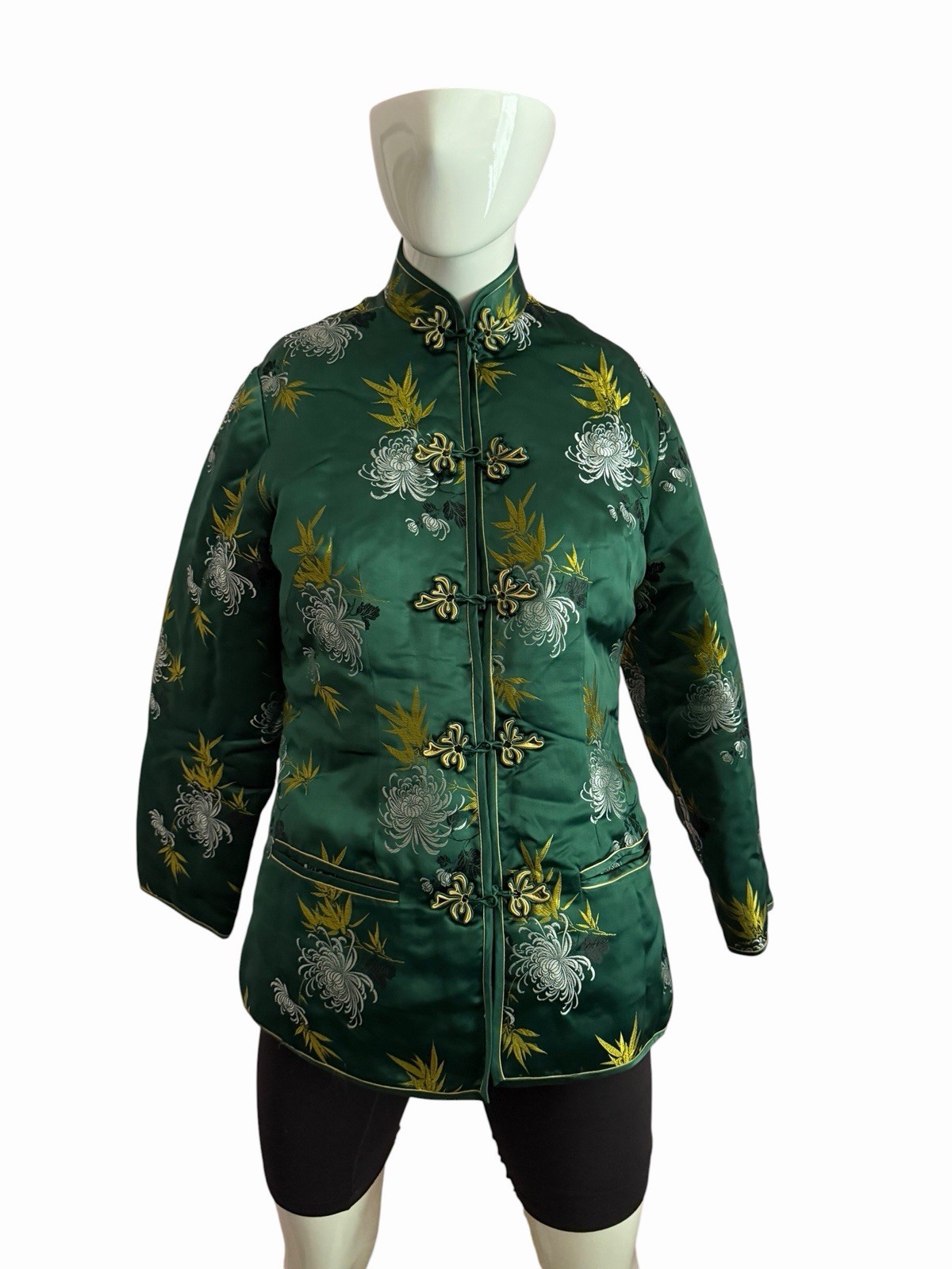 Vintage Peony Brand Shanghai Brocade Jacket Floral China SMALL Emerald Green