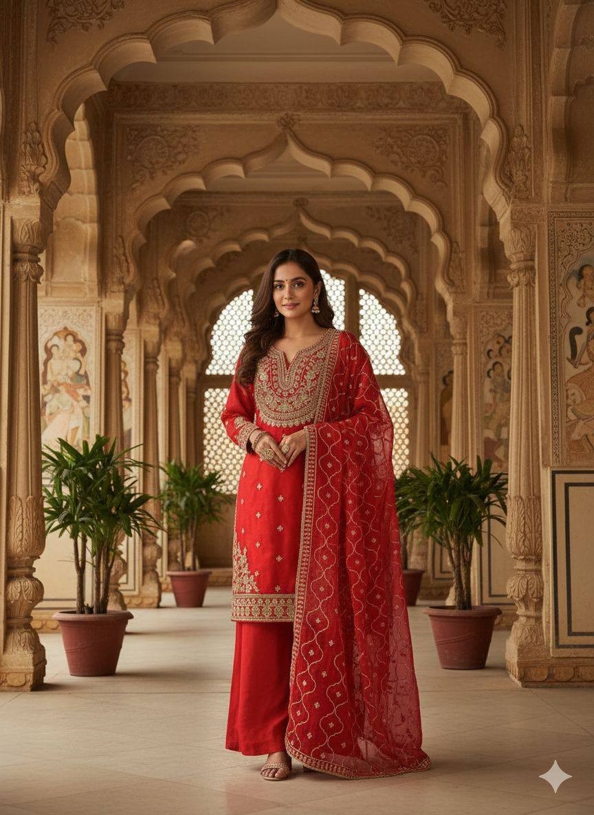 Wedding Collection Red Silk Kurta Palazzo With Dupatta For Women & Girls