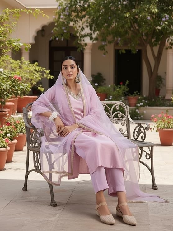 Cotton Silk with Zari Embroidery Kurta & Silk Crepe Pant Set And Net Dupatta