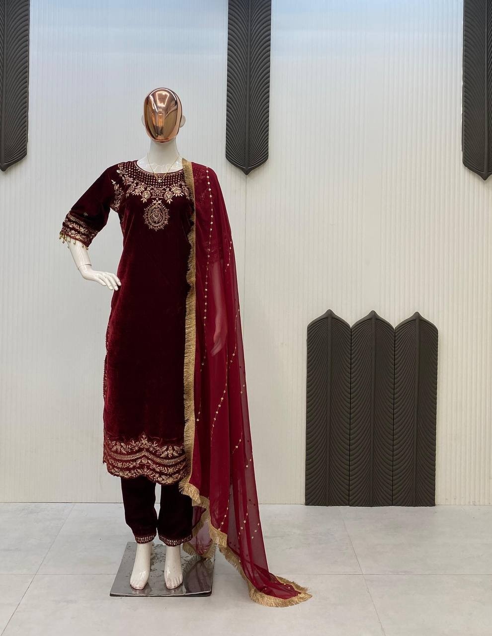 Stunning Maroon Velvet Salwar Kameez With Dupatta For Traditional Wear