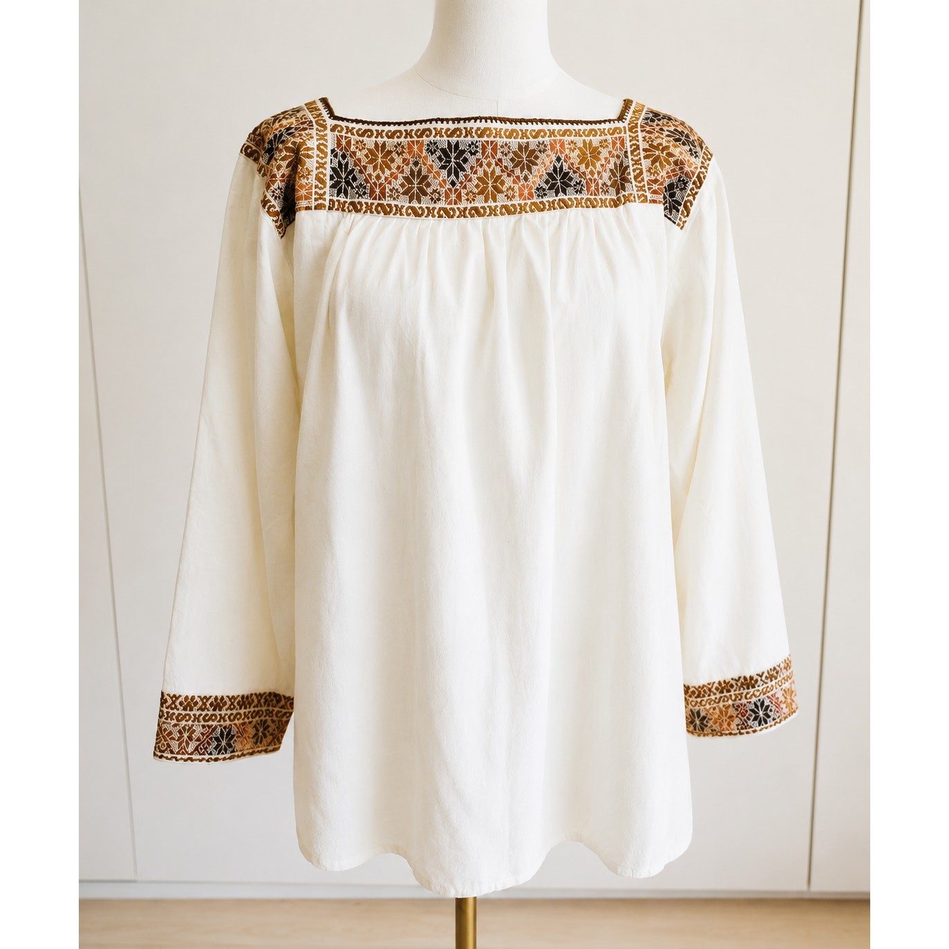 Vintage 70s Peasant Blouse Boho Hand Embroidered Cotton Folk Festival Shirt SZ M