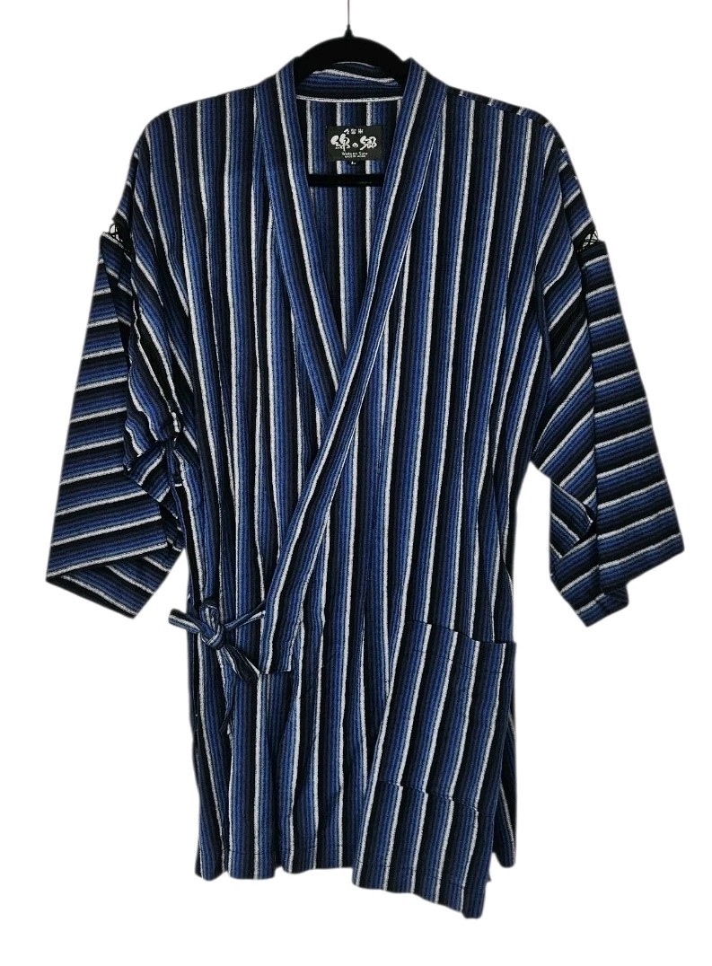 Vtg Wata No Sato Japan Mens Traditional Samue Blue Black Pintuck Stripes Size L