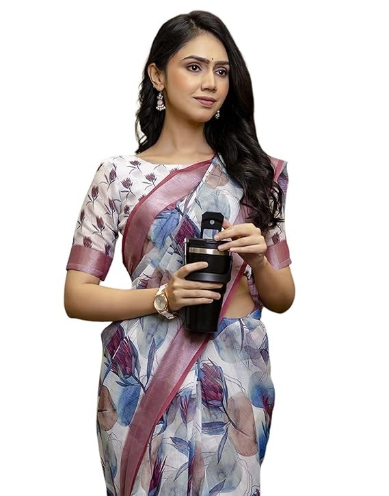 Women’s Cotton Linen Floral Print One Minute Ready to Wear Saree With Blouse