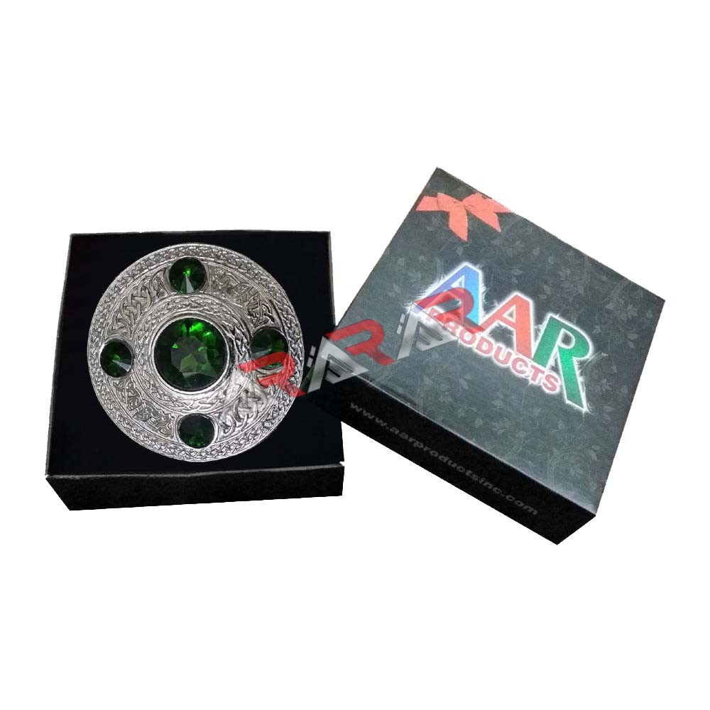 AAR Celtic Kilt Fly Plaid Brooch Green Stones Silver Finish 4″/Scottish/Highland
