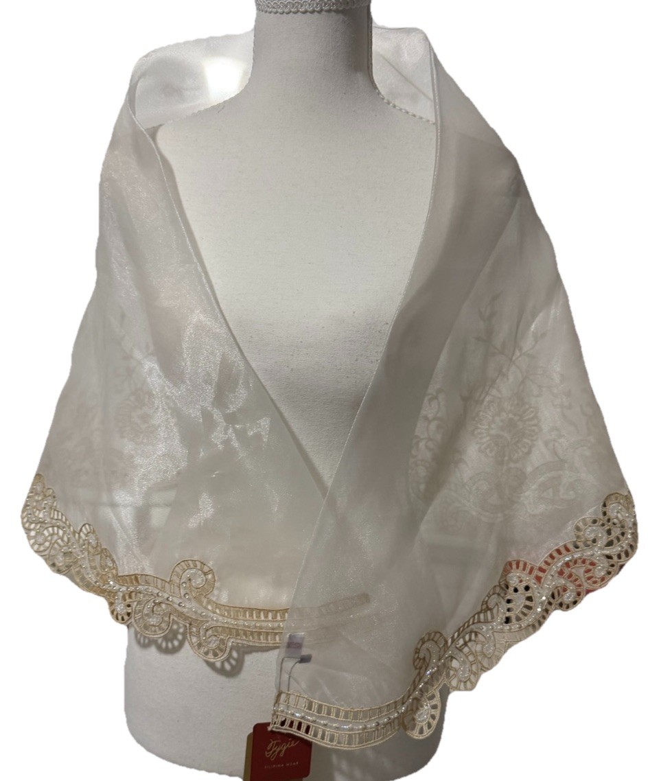 NEW Handmade Filipina Sheer Shawl Embroidered Beige Floral Lace Trim Cultural