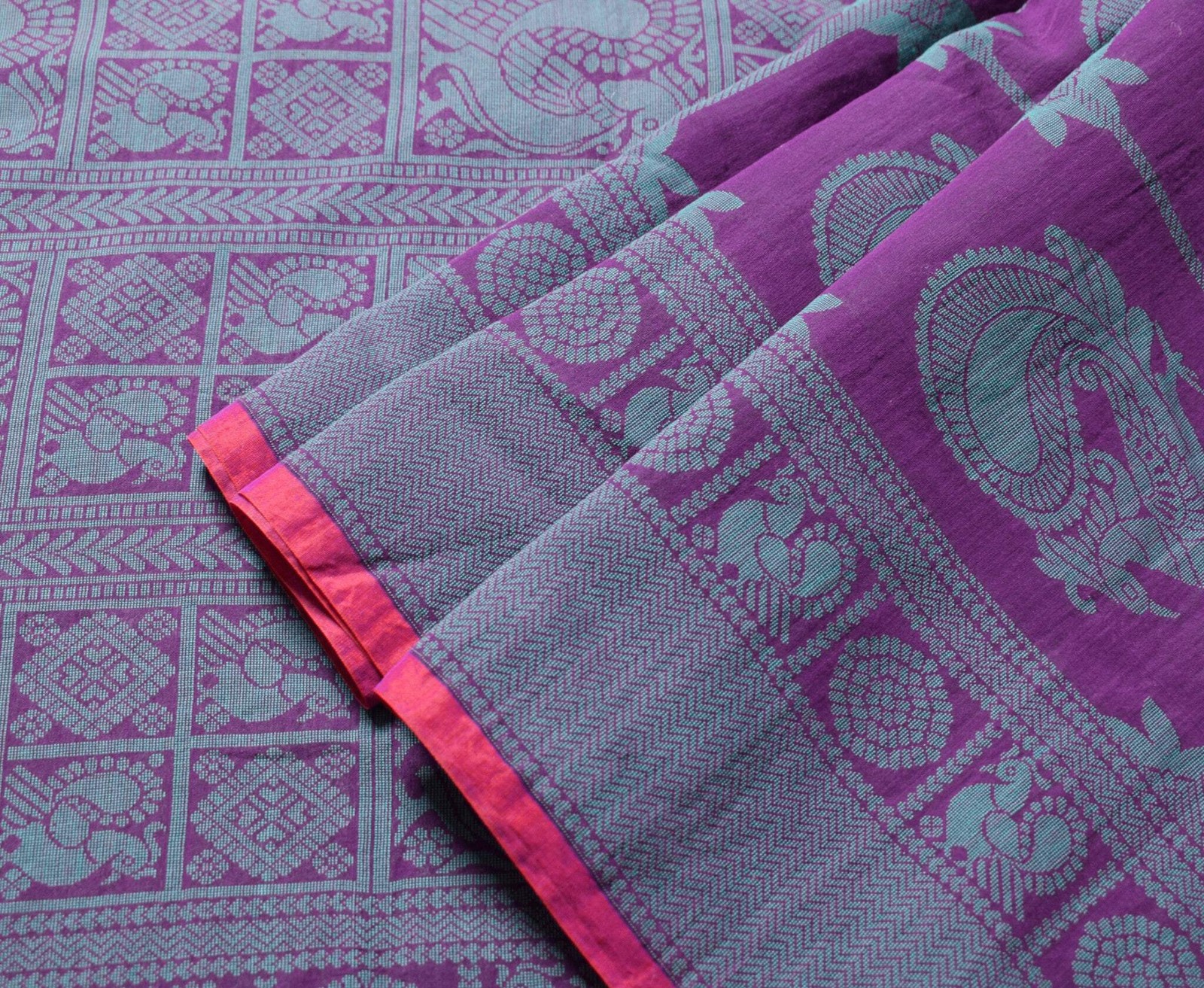 Sushila Vintage Pure Cotton Silk Saree Purple Hand Woven Peacock Sari Fabric
