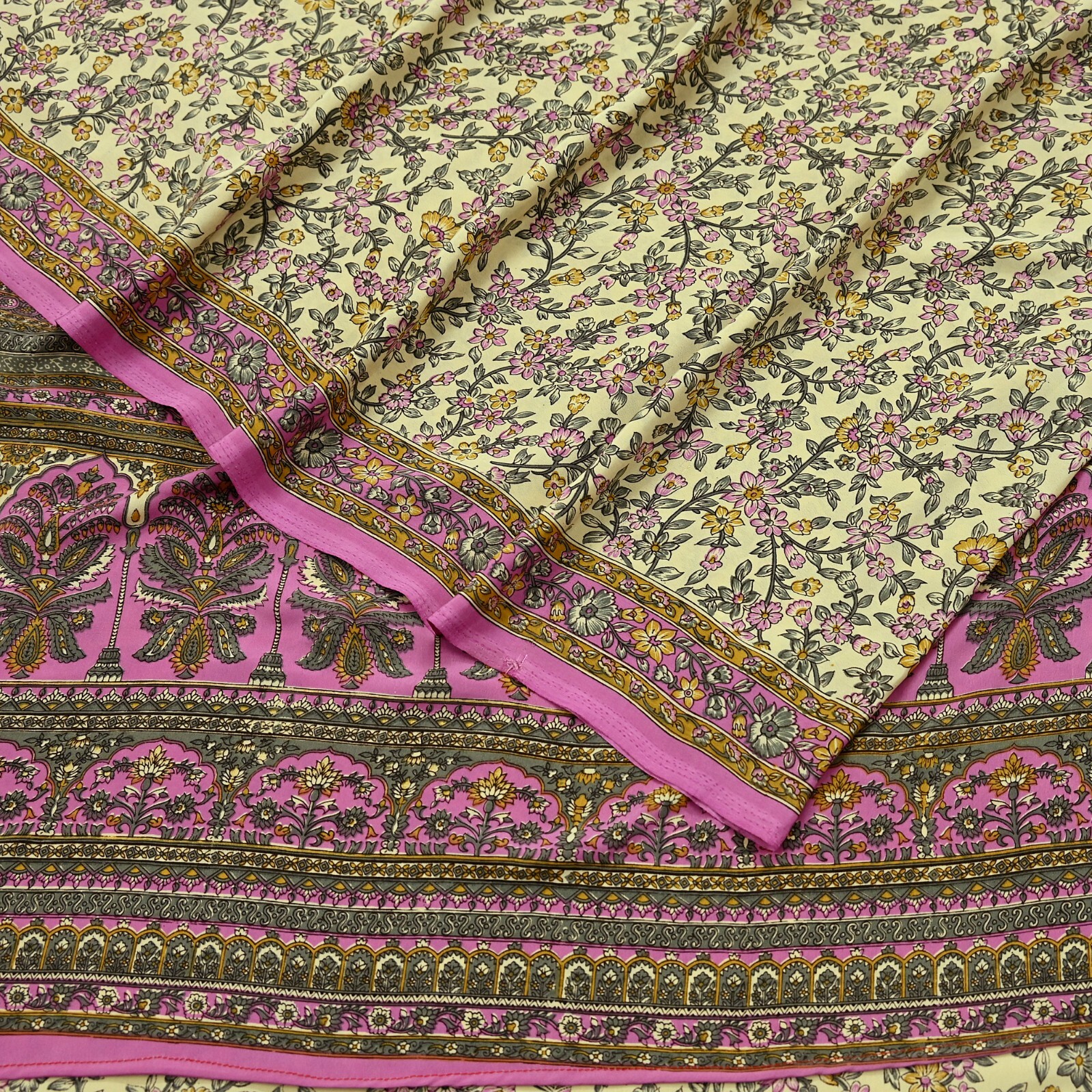Vintage Sari Ivory & Pink Moss Crepe Printed Sarees 5yd Craft Fabric Sewing Soft