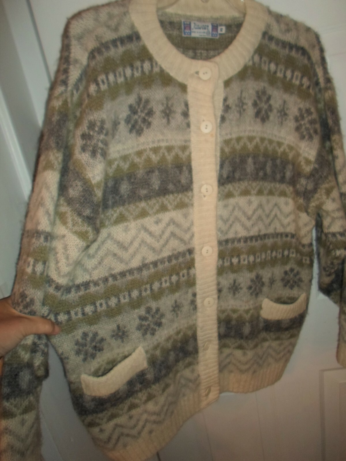 ICEWEAR Sz MED Nordic Cardigan Sweater Wool Iceland Ivory/Gray/Moss WARM Unisex