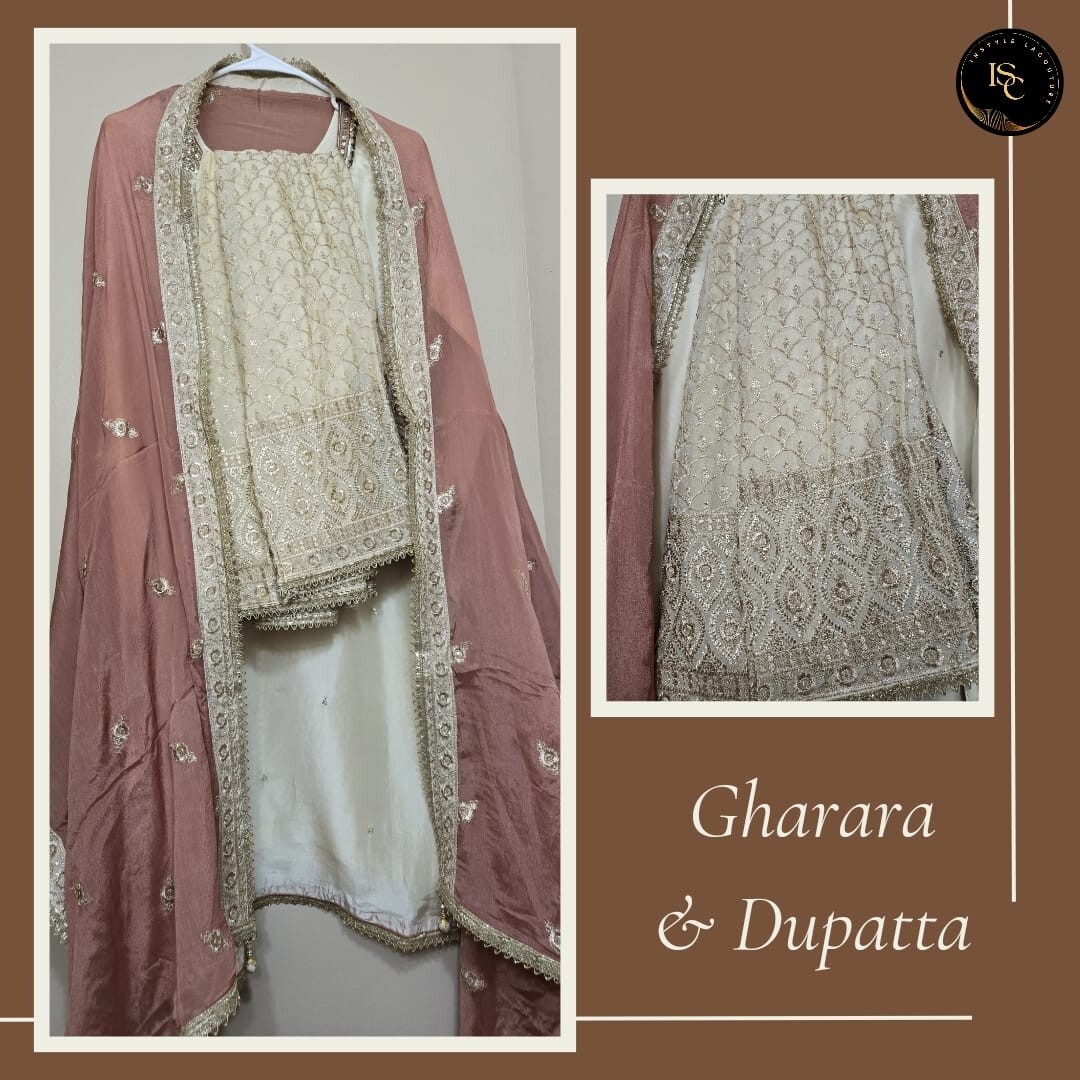Indian Pakistani White Chiffon Gharara Silk Top Salmon Pink Chiffon Dupatta