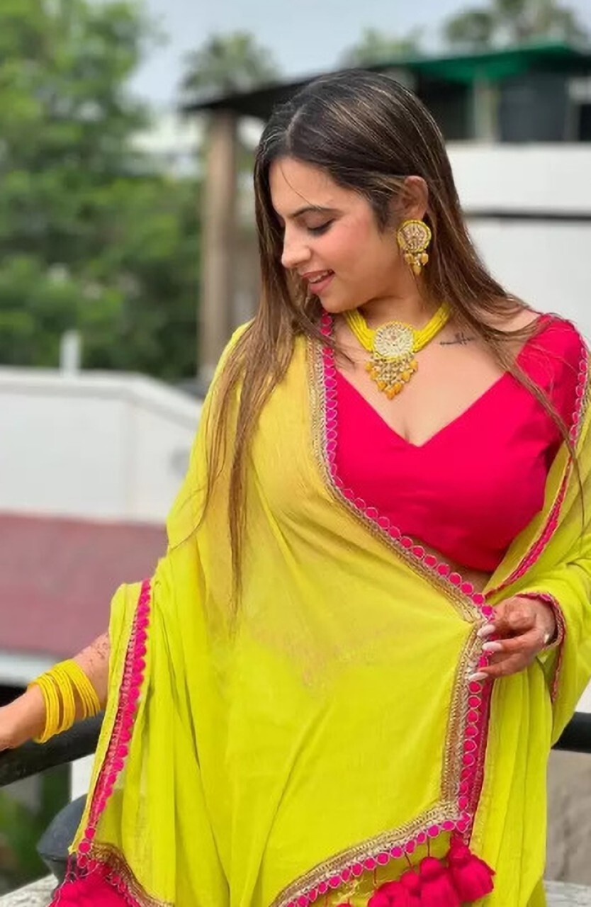 Printed Banarasi Georgette Saree (Yellow, Pink)