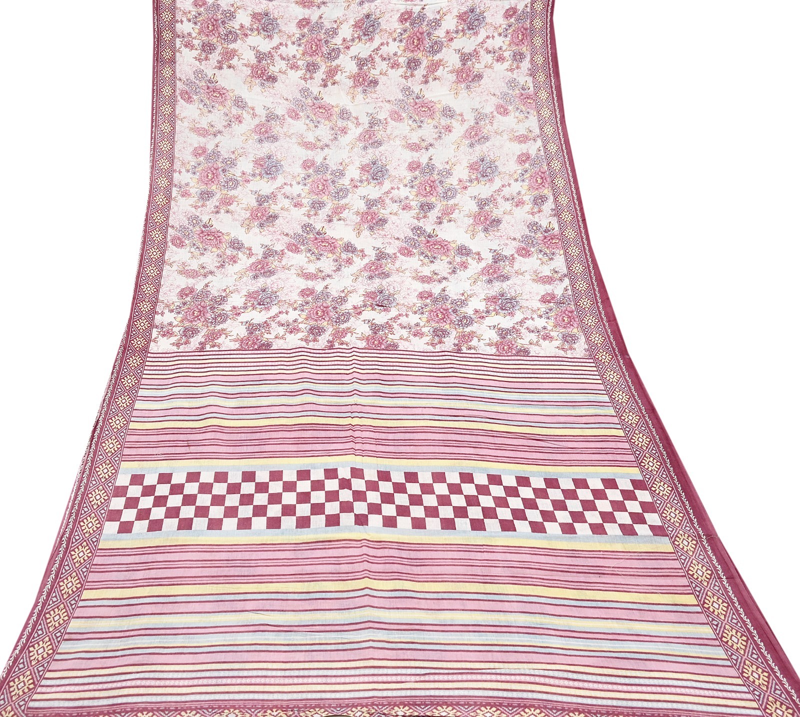 Vintage Sari Ivory & Pink Printed Blend Cotton Saree Craft Fabric 5Yd Soft Sewi