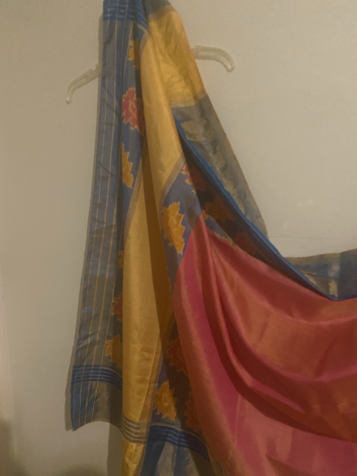 Kavanji Silk Saree Pink Yellow Blue Gold Geometric Pattern Indian Sari w/blouse