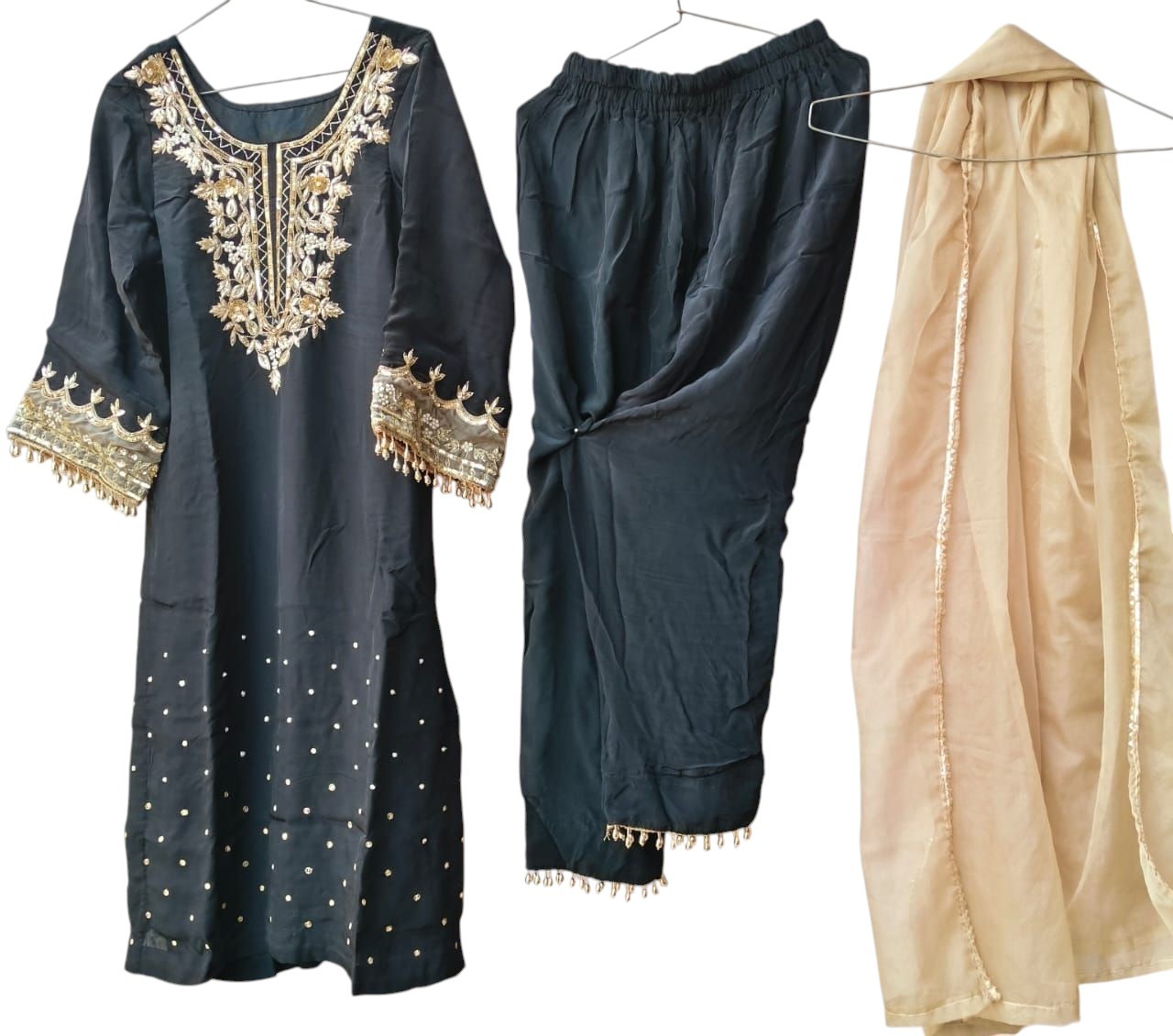 Luxury Black Hand Embroidered Silk Suit Set | Custom Size | Organza Dupatta |…
