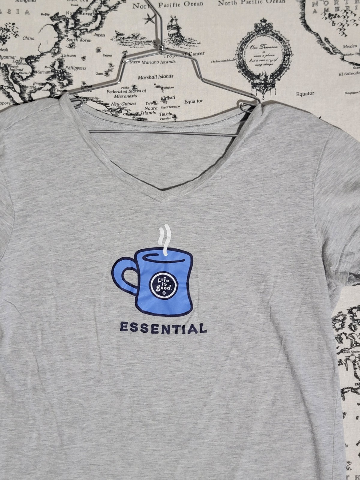 Life is Good Women’s V-Neck T-Shirt “Essential” Coffee Mug Graphic – Size M