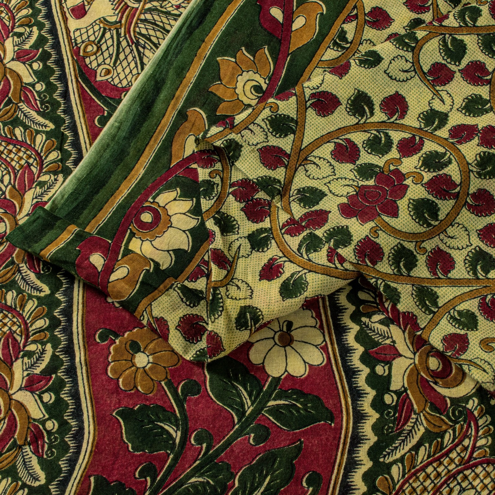 Sanskriti Vintage Cream Saree Pure Cotton Hand Block Kalamakari Peacock Sari 5.5