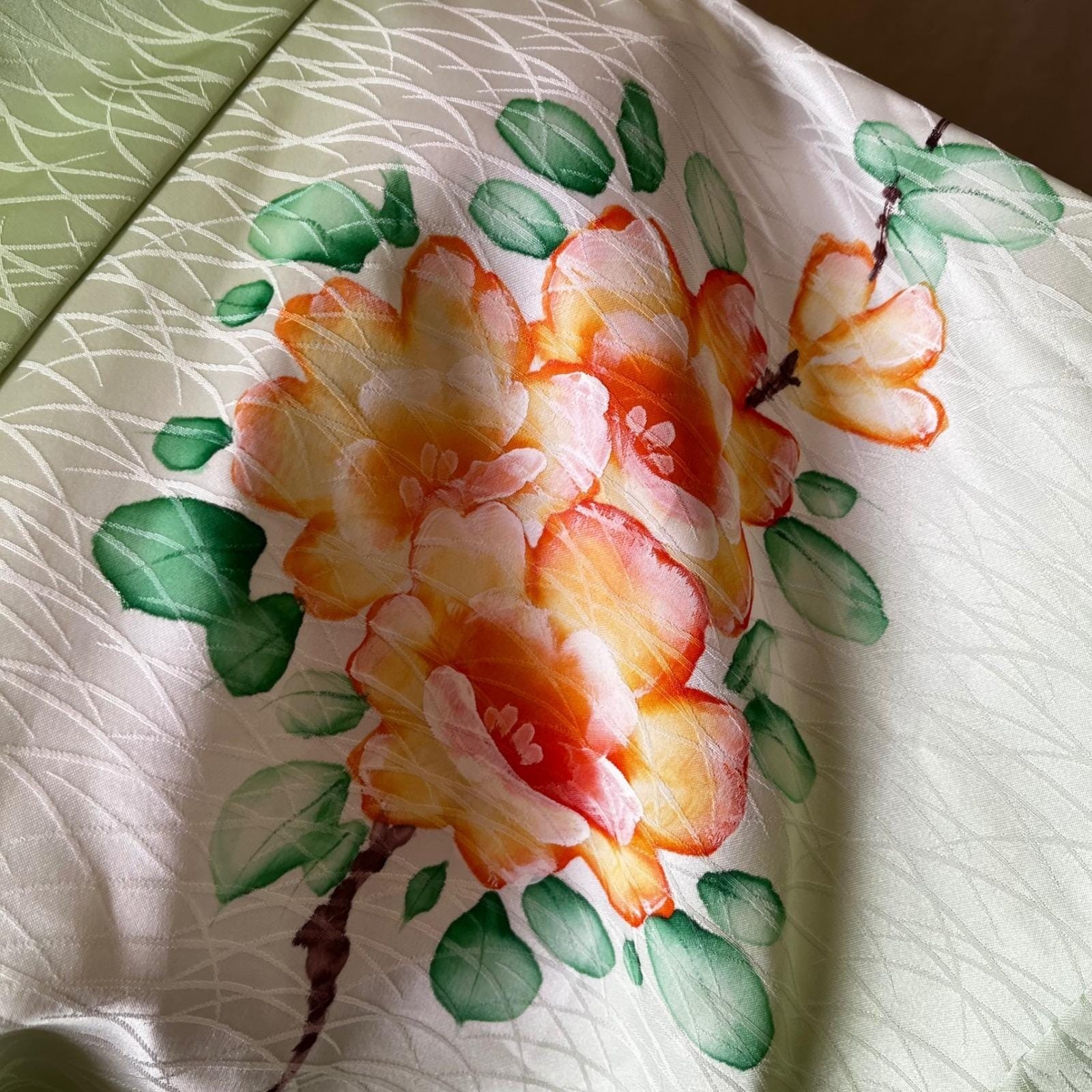 Hand Painted Silk Kimono Mint Green Peony Uchikake Long 63″ OS