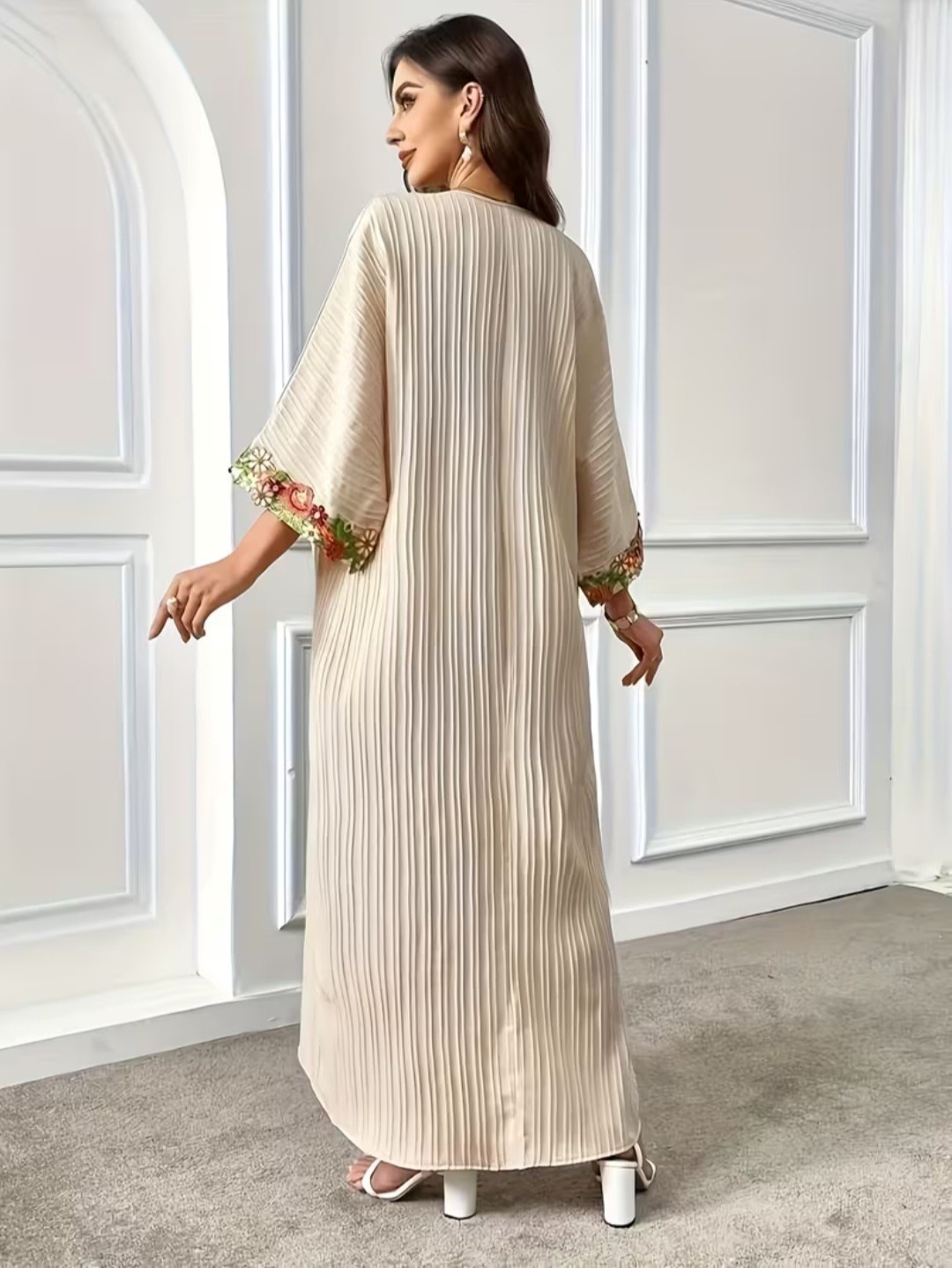 Handmade Women’s Beige/Gold Kaftan Dress, XL Pleated, Embroidered, Maxi