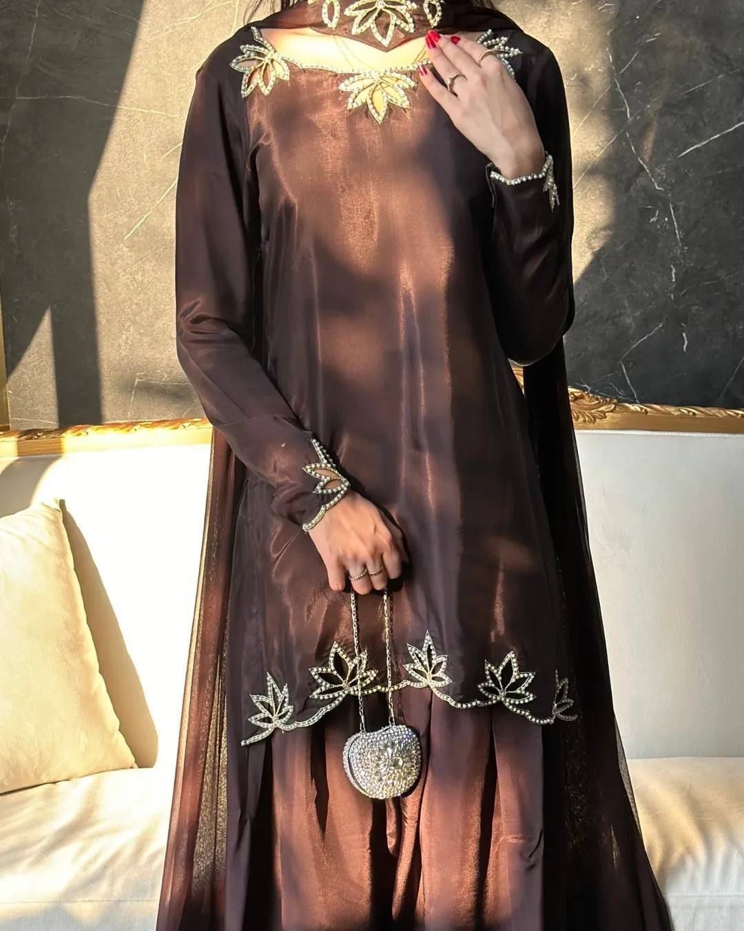 Embellished farshi shalwar suit dupatta set in 5 colours for festive wear