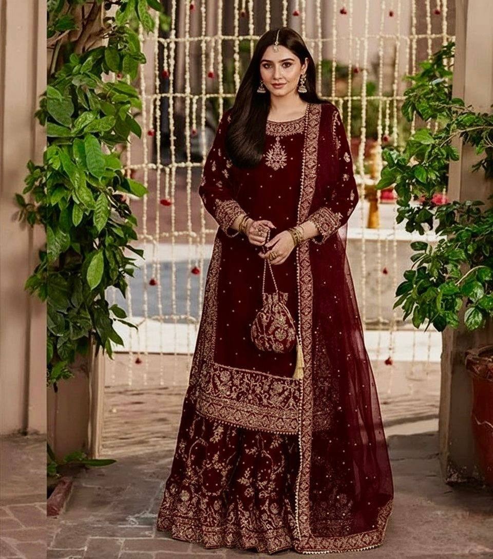 New Beautiful Maroon Heavy Velvet Top Palazzo With Dupatta For Wedding Wear