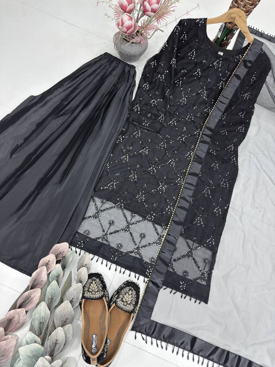 New Designer Heavy Soft Net Black Top Palazzo With Dupatta For Function Wear