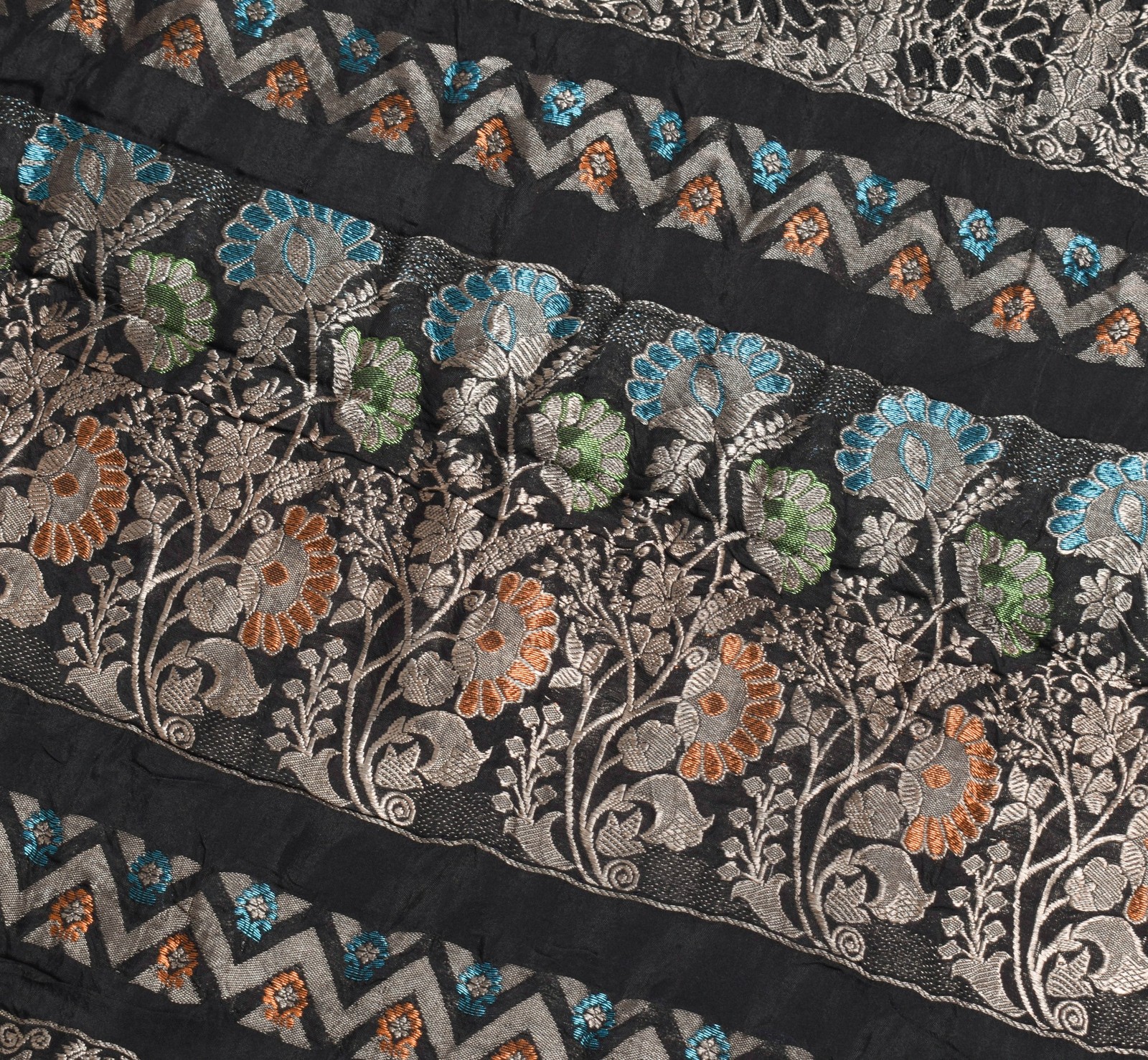 Sushila Vintage Black Zari Brocade Saree 100% Pure Silk Soft Floral Sari Fabric
