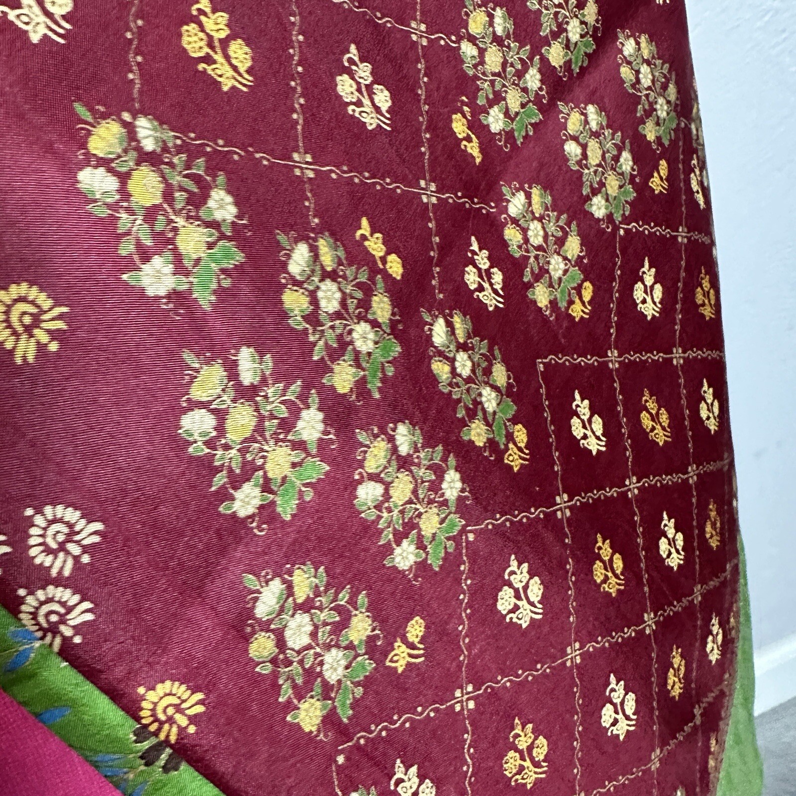 Vtg Indian Saree Choli Dress Top Set M Silk Lime Green Wine Gold Floral Metallic