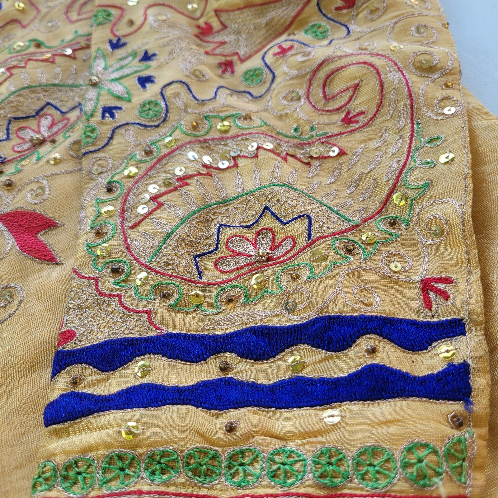 Handmade Yellow Embroidered Cotton Kurta Women Medium Size
