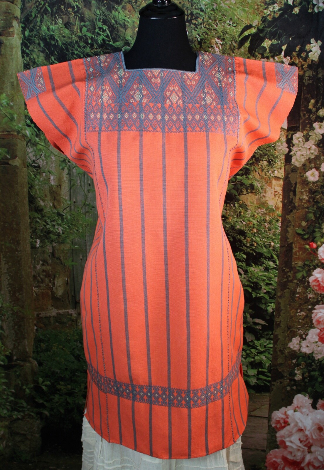 Huipil Salmon & Gray Striped Dress Handwoven Backstrap Loom Mayan Chiapas Mexico