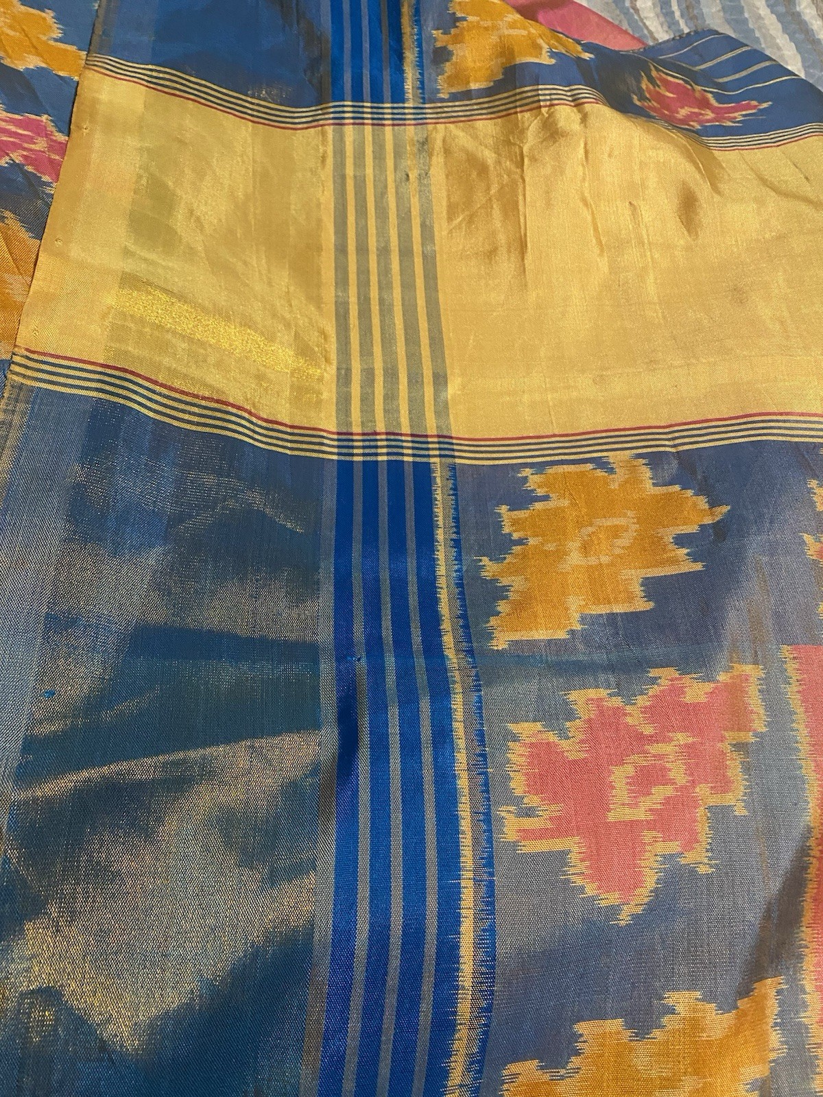 Kavanji Silk Saree Pink Yellow Blue Gold Geometric Pattern Indian Sari w/blouse