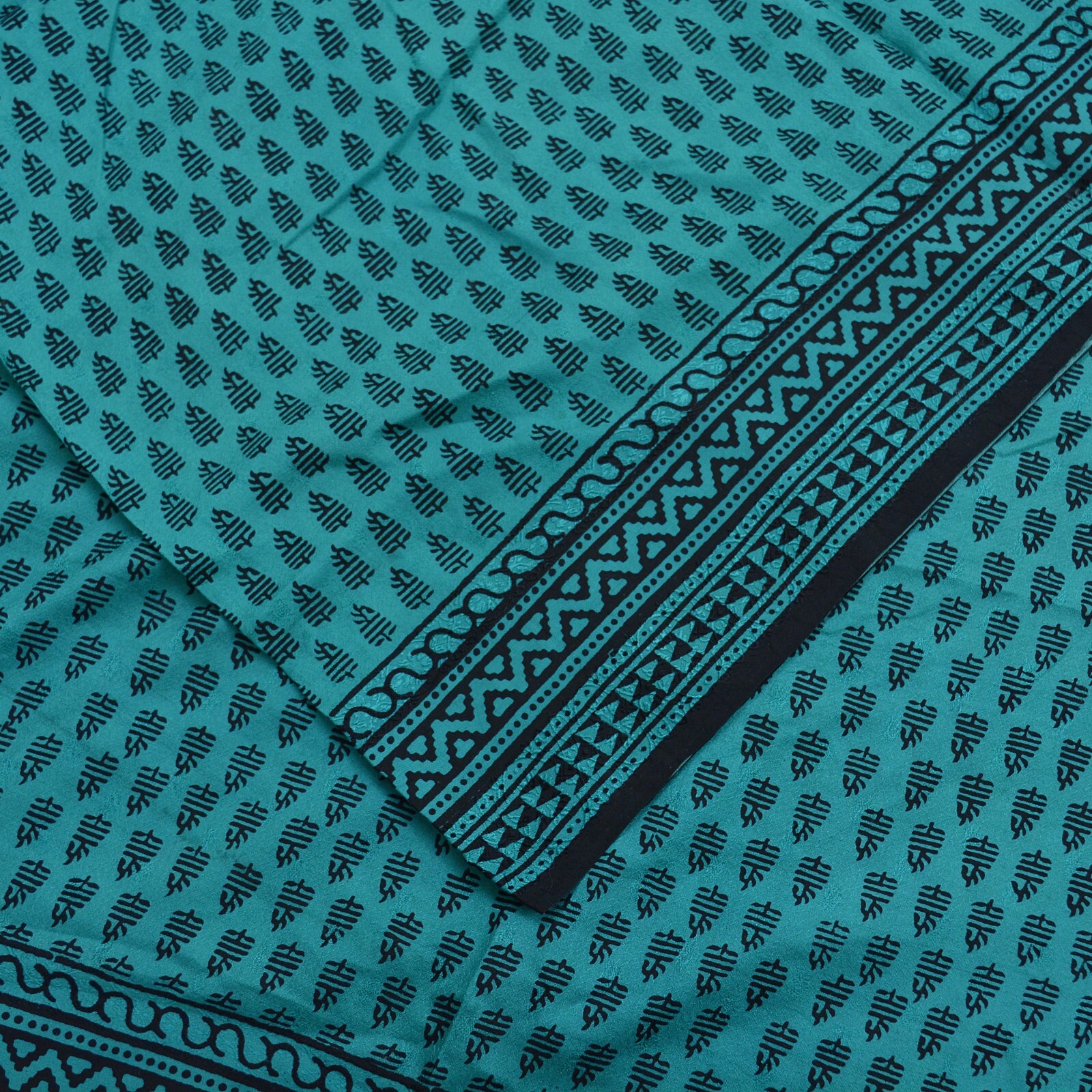 Indian Vintage Green & Black Sarees Hand Block Printed Sari Pure Silk Fabric 5yd