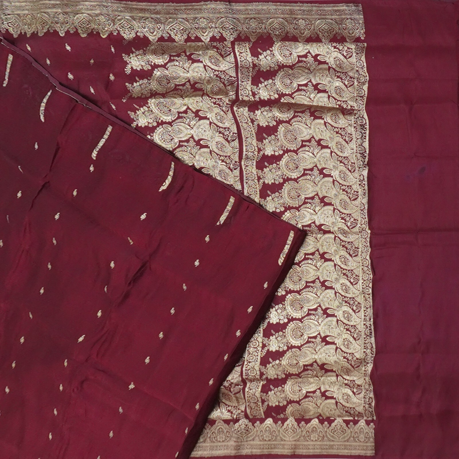 Vintage Maroon Saree 100% Pure Silk Banarasi Brocade Heavy Sari 5YD Craft Fabric