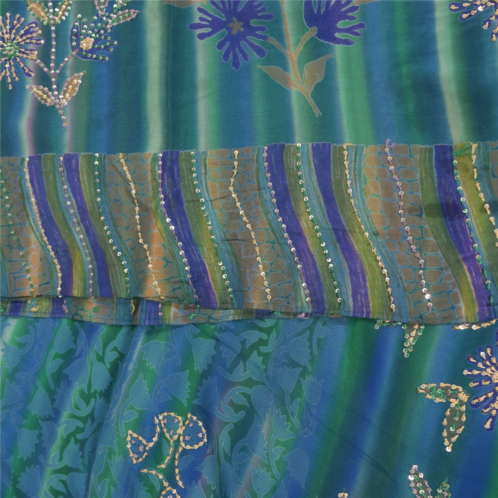 Sanskriti Vintage Saree Blue Pure Crepe Silk Hand Embroidered-Print 5.5+YD Sari