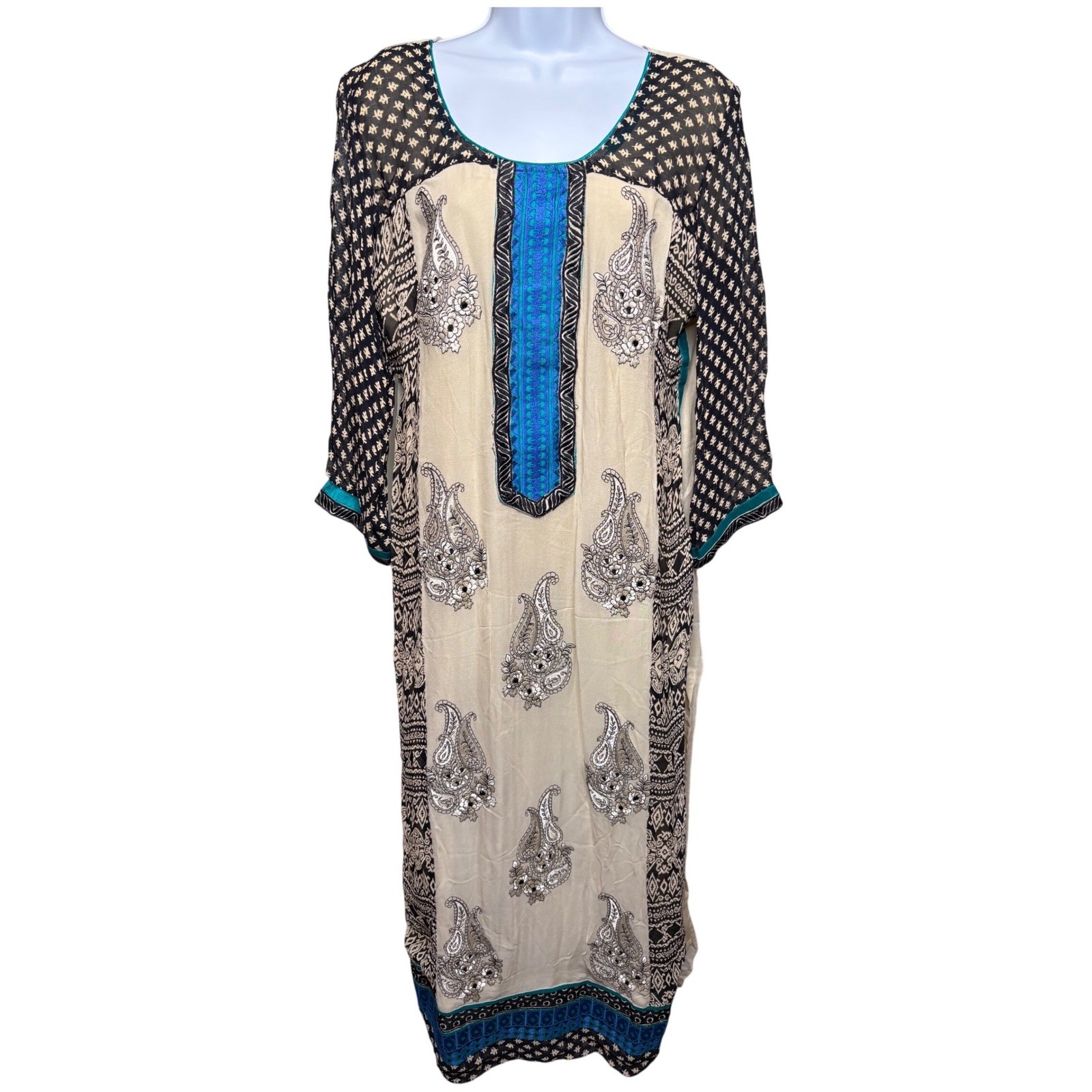 Womens Cream Black Blue Paisley Kurta Tunic Est Sz L Boho Embroidered Festive
