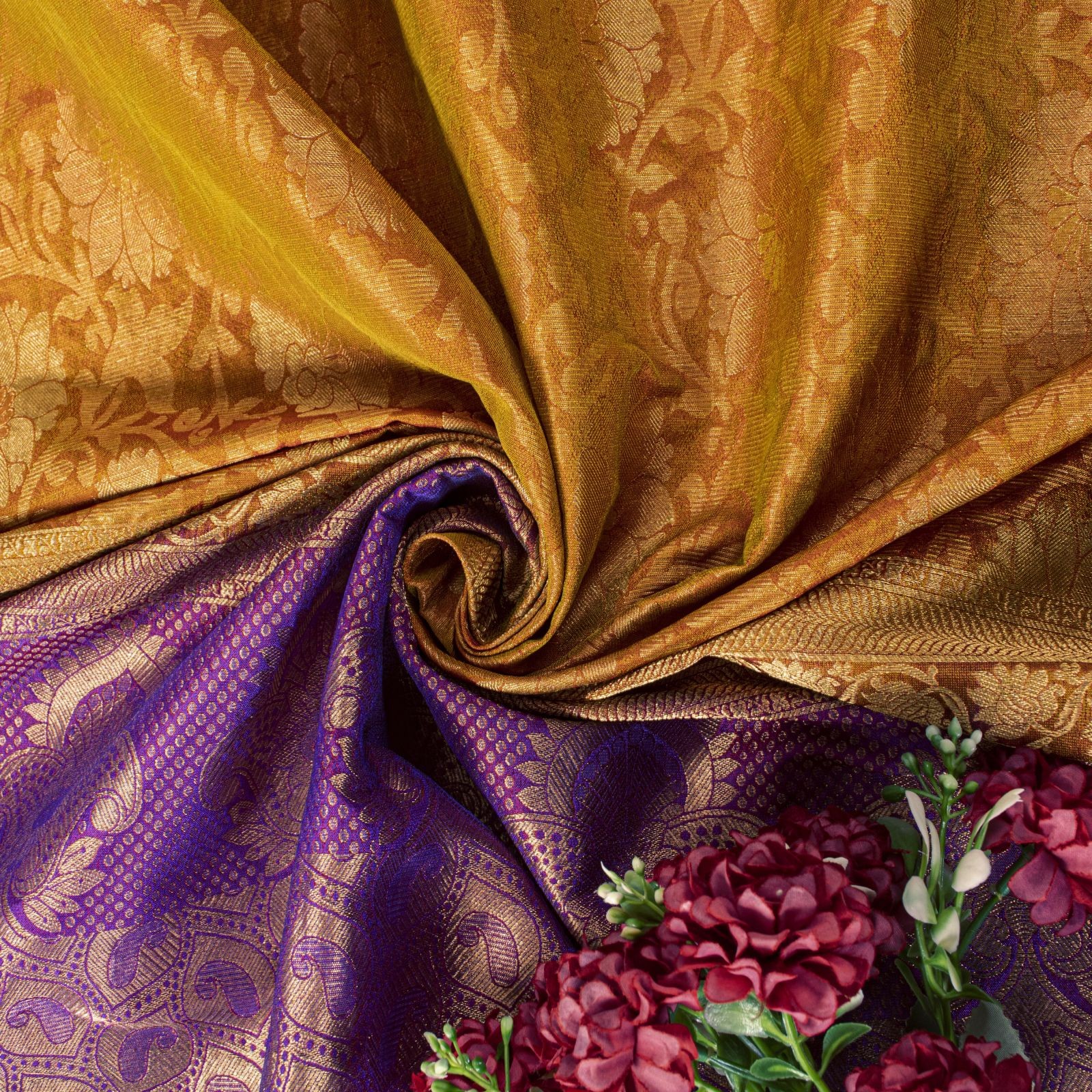 Sanskriti Vintage Saree Yellow-Purple Art Silk Brocade Zari Hand Woven Sari 5+Yd
