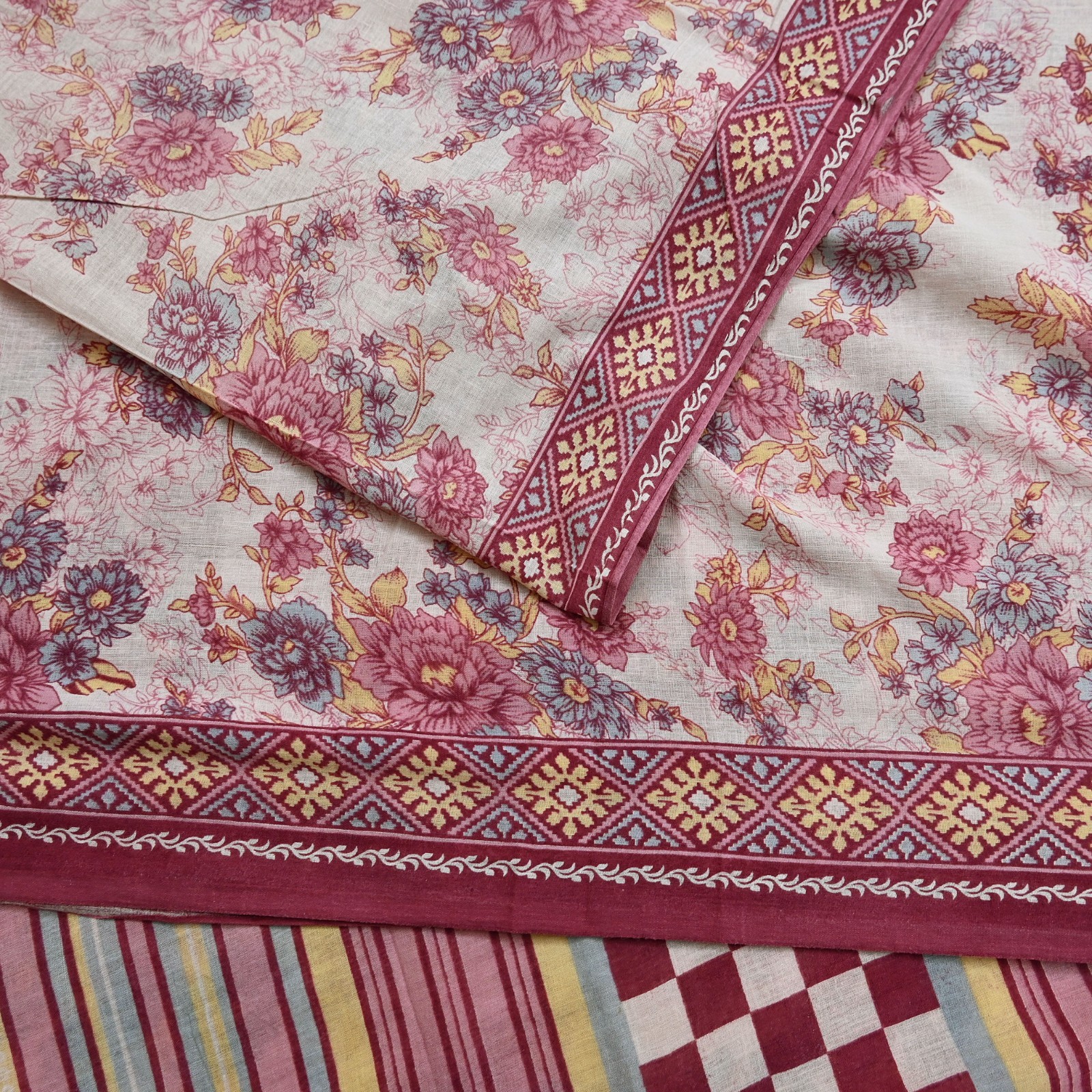 Vintage Sari Ivory & Pink Printed Blend Cotton Saree Craft Fabric 5Yd Soft Sewi