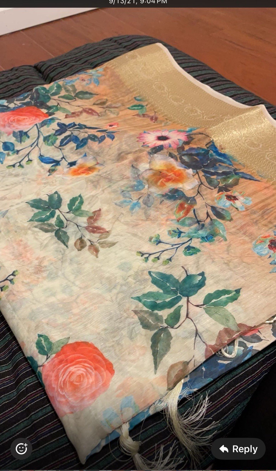 Silk Floral Print Saree with Gold Border in Beige, Green, Orange, Blue, Pink