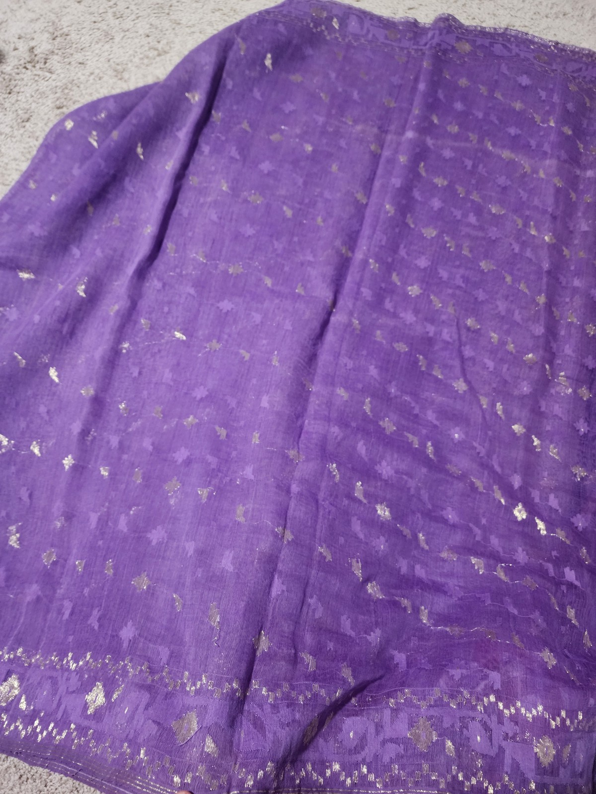 Purple Silver Zari Handwoven Dhakai Jamdani Saree 100% Pure Vintage, 5yd