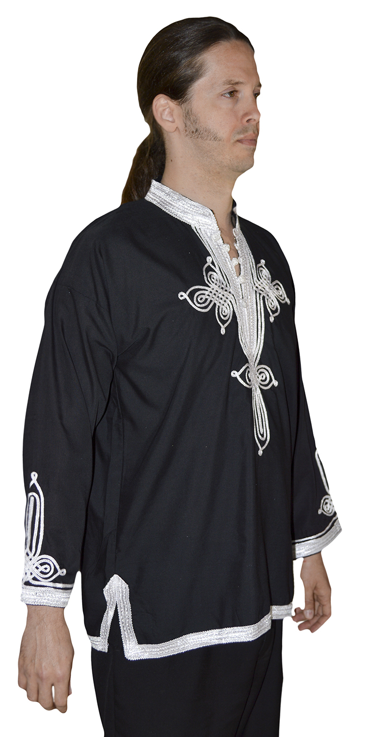 Moroccan Men Tunic Shirt Cafan Casual Handmade Embroidered Cotton MED/LG Black