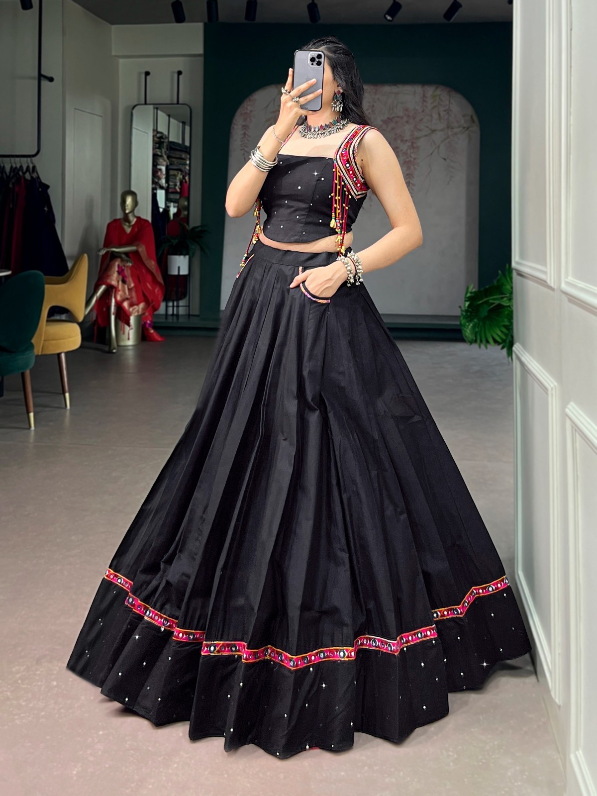 Pure Cotton Lehenga Choli Mirror Work Kutchi Lace Navratri Garba Wear