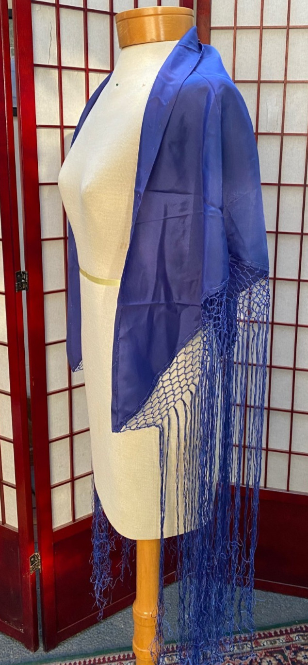 Flamenco Shawl Mantoncillo Pico Fleco, Color Royal Blue Taffeta with Long Fringe