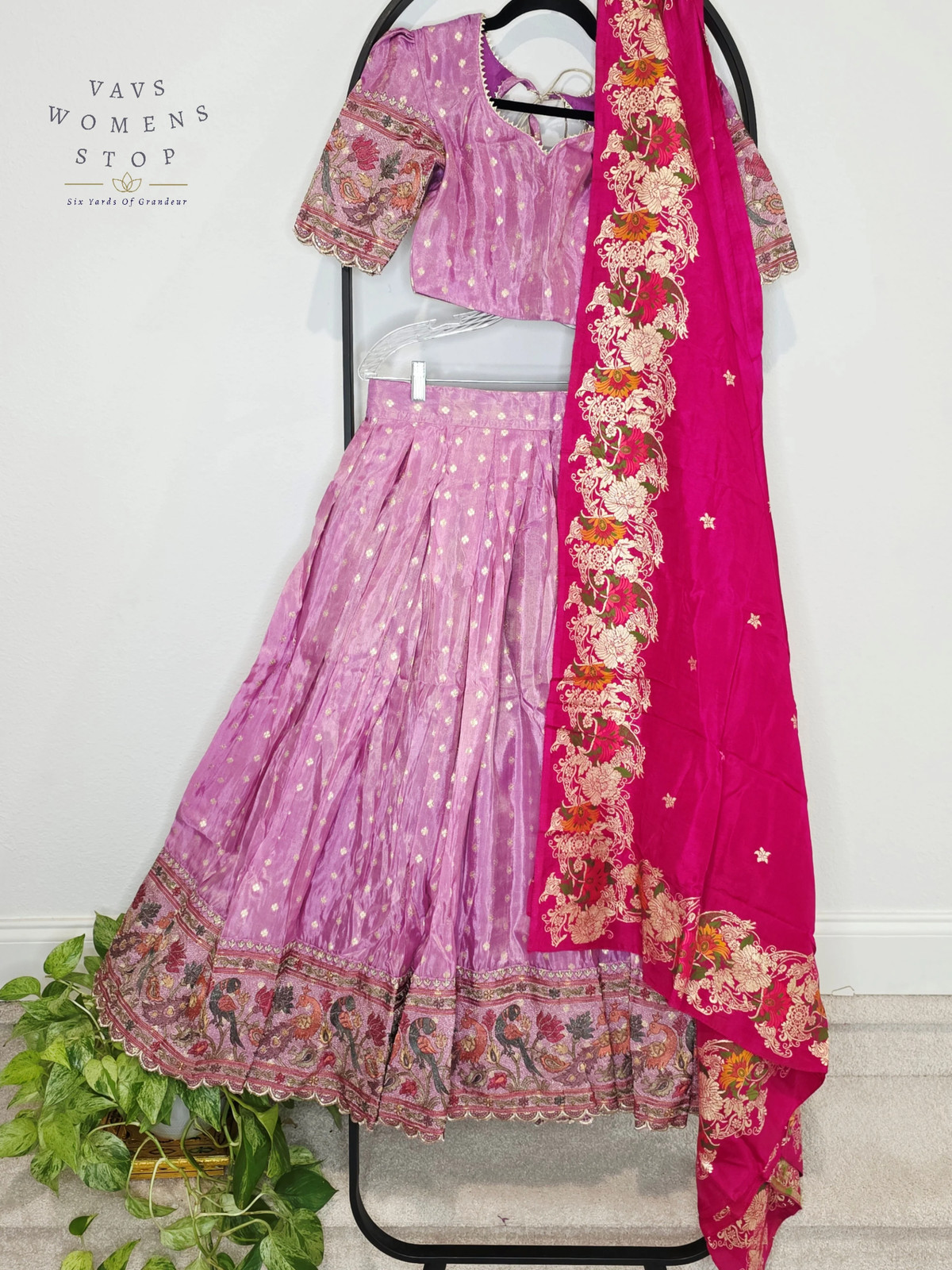 Munga Crepe Silk Tissue Half Saree Lilac Bloom Fuchsia Dupatta Blouse 32-38