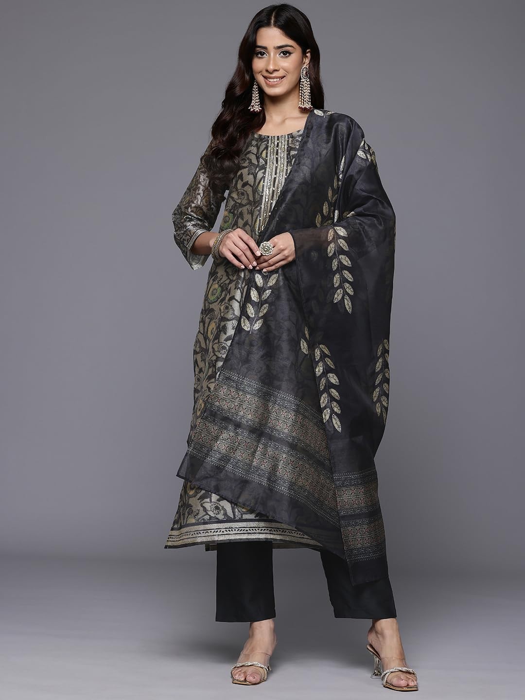 Women’s Silk Blend Floral Printed Kurta Set with Bottom and Printed Dupatta