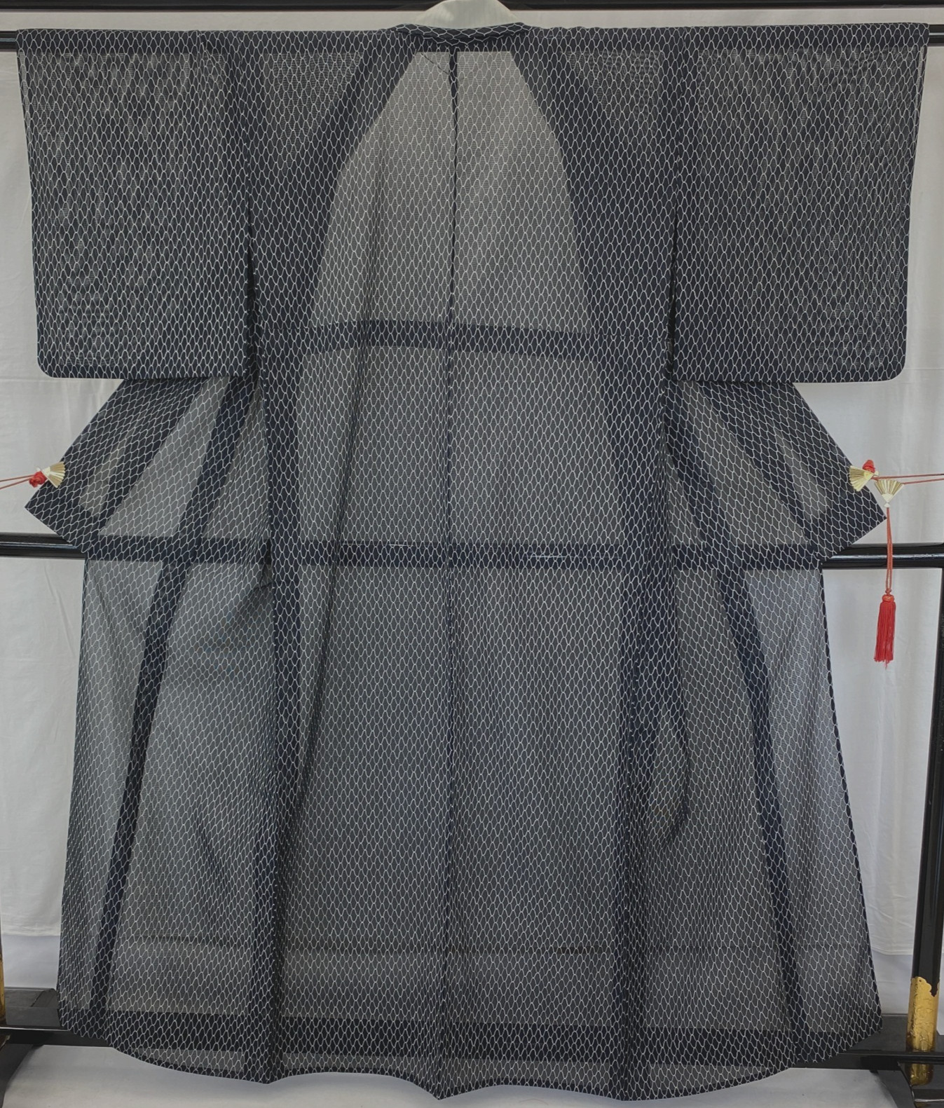 Japanese Vintage Kimono Polyester Navy No Lining Seethrough Length 62 in