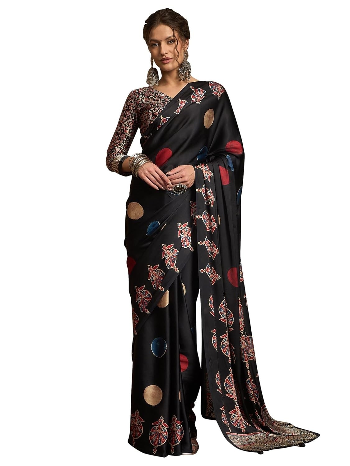 Women’s Pure Crepe Striped Printed Saree With Unstitched Blouse Piece
