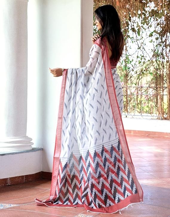 Women’s Cotton Linen Ikkat Printed Saree With Unstitched Blouse Piece