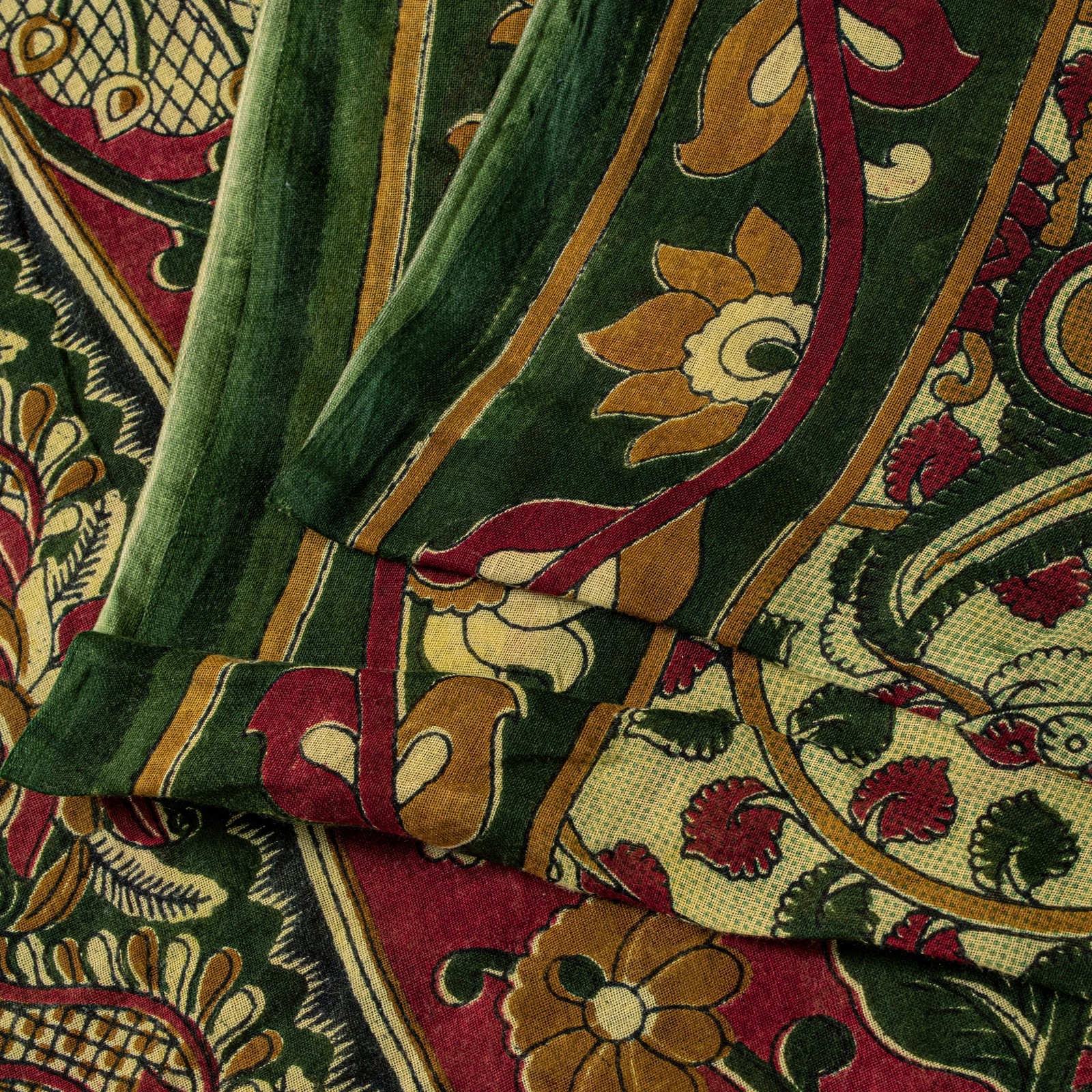 Sanskriti Vintage Cream Saree Pure Cotton Hand Block Kalamakari Peacock Sari 5.5